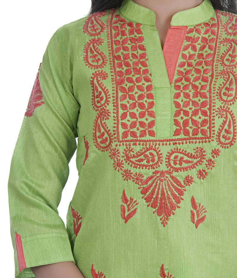 Ethnava Women's Chikankari Hand Embroidered Chanderi Straight Kurta