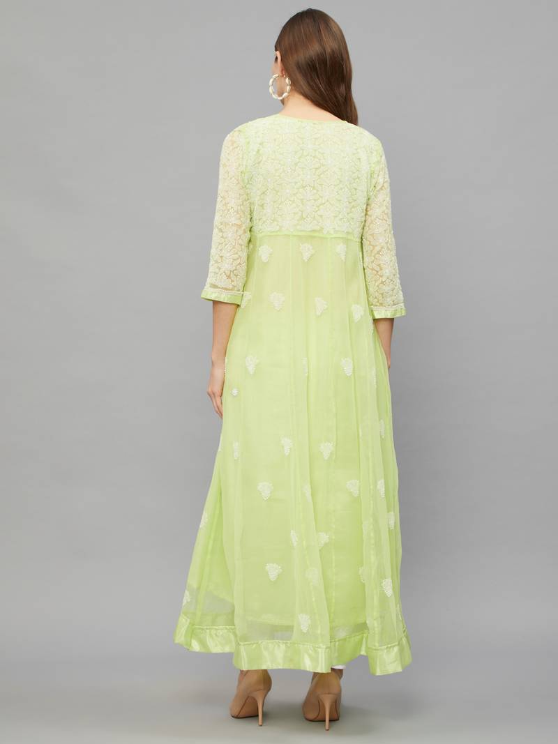 Ethnava Women's Chikankari Hand Embroidered Georgette Anarkali Kurta