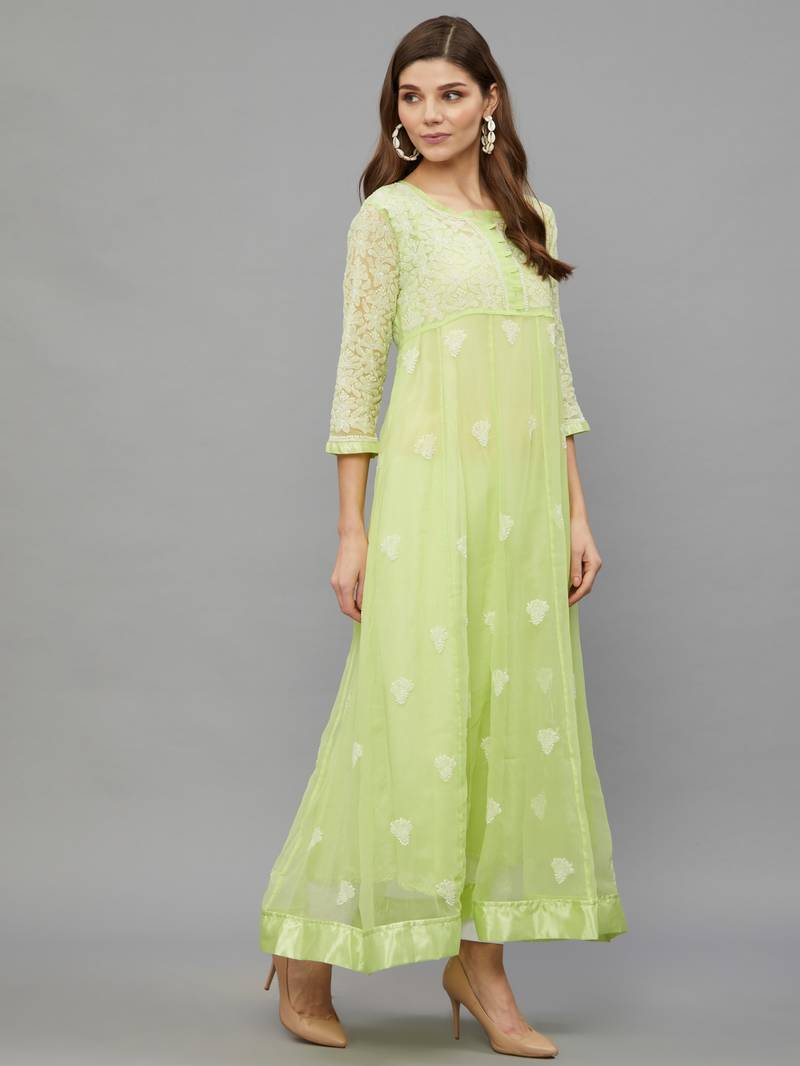 Ethnava Women's Chikankari Hand Embroidered Georgette Anarkali Kurta