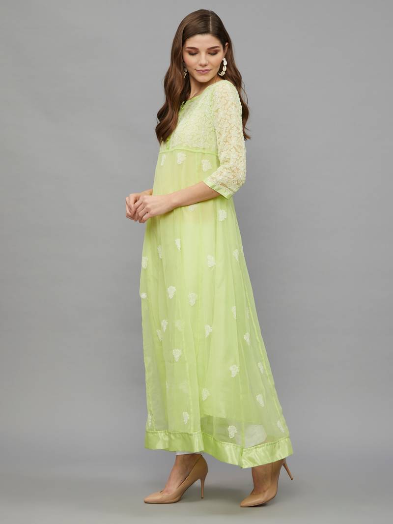 Ethnava Women's Chikankari Hand Embroidered Georgette Anarkali Kurta