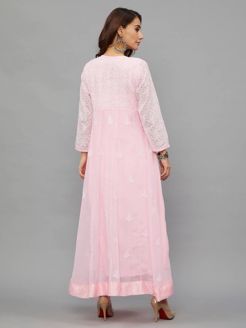 Ethnava Women's Chikankari Hand Embroidered Georgette Anarkali Kurta