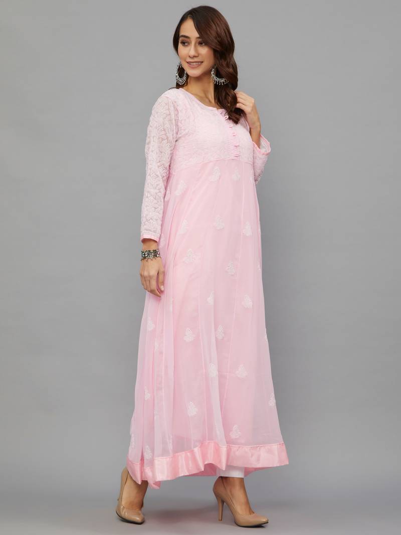 Ethnava Women's Chikankari Hand Embroidered Georgette Anarkali Kurta