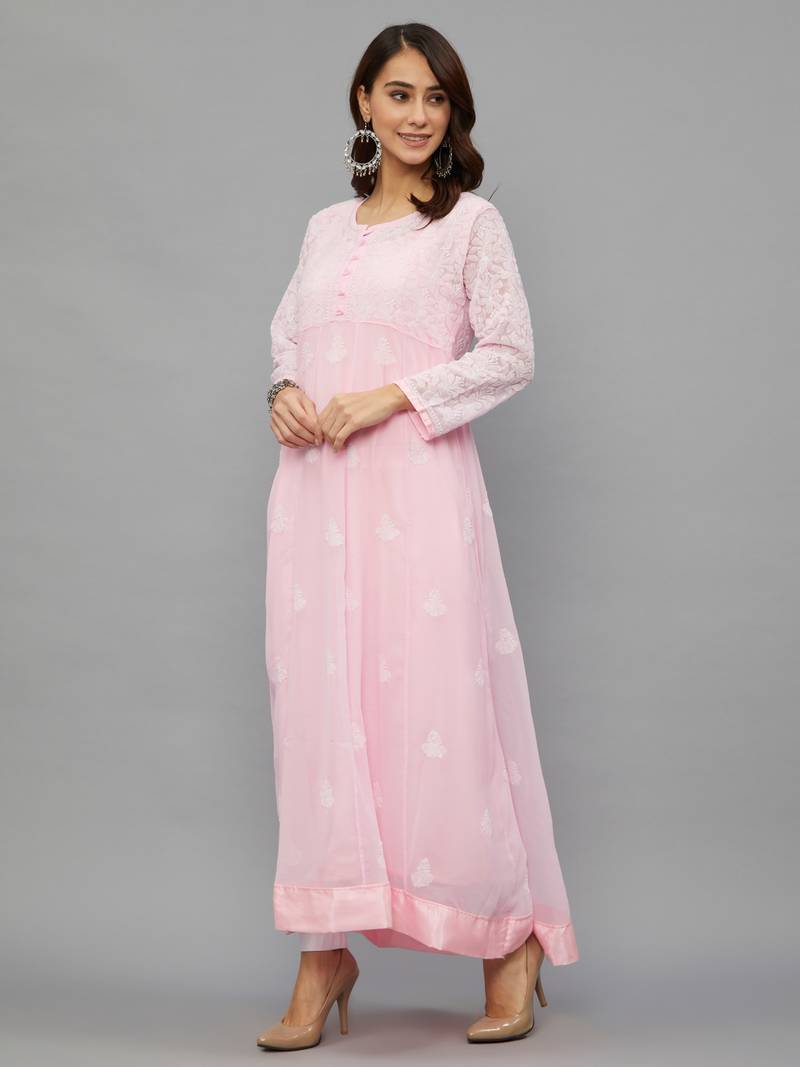 Ethnava Women's Chikankari Hand Embroidered Georgette Anarkali Kurta