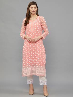 Ethnava Women's Chikankari Hand Embroidered Georgette Frontslit Kurta with Slip 1