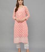 Ethnava Women's Chikankari Hand Embroidered Georgette Frontslit Kurta with Slip