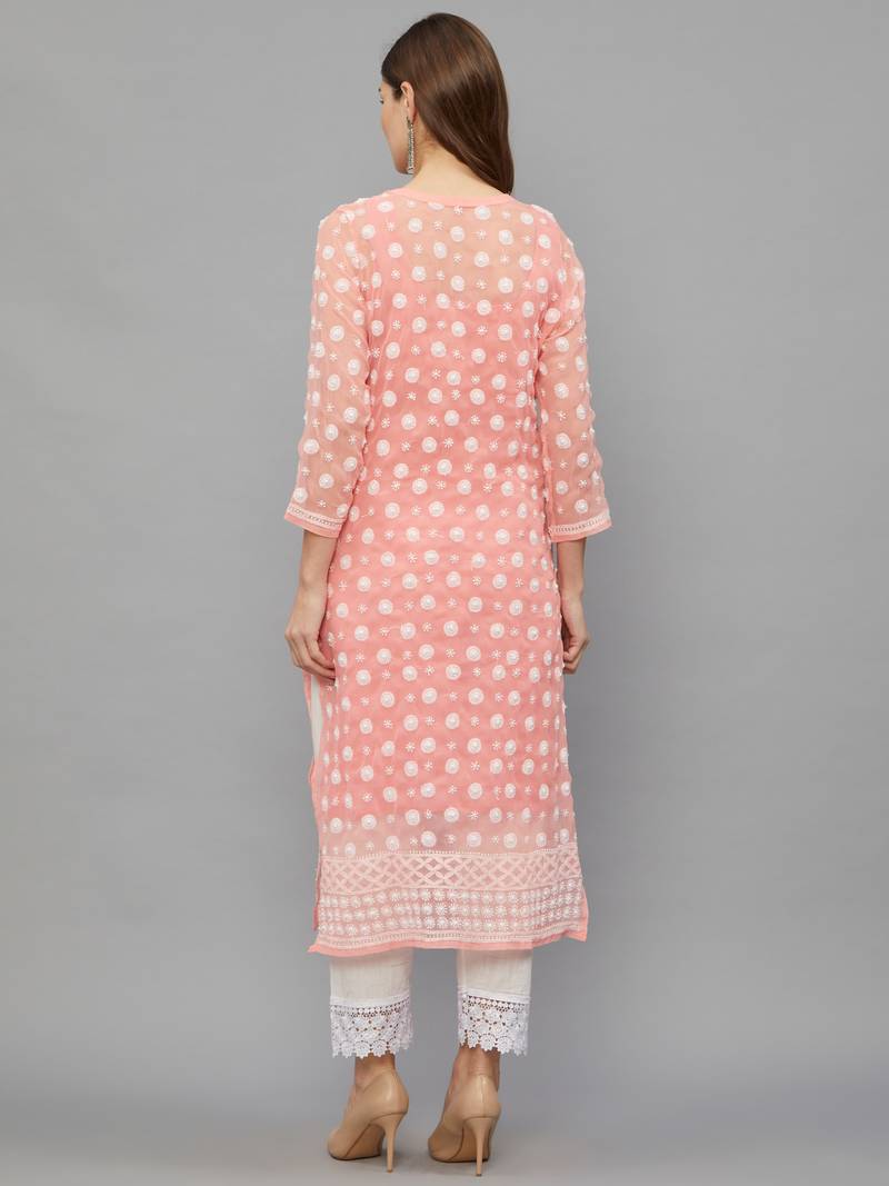 Ethnava Women's Chikankari Hand Embroidered Georgette Frontslit Kurta with Slip