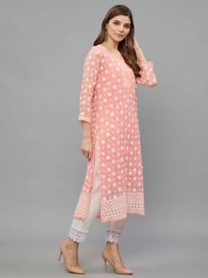 Ethnava Women's Chikankari Hand Embroidered Georgette Frontslit Kurta with Slip 3