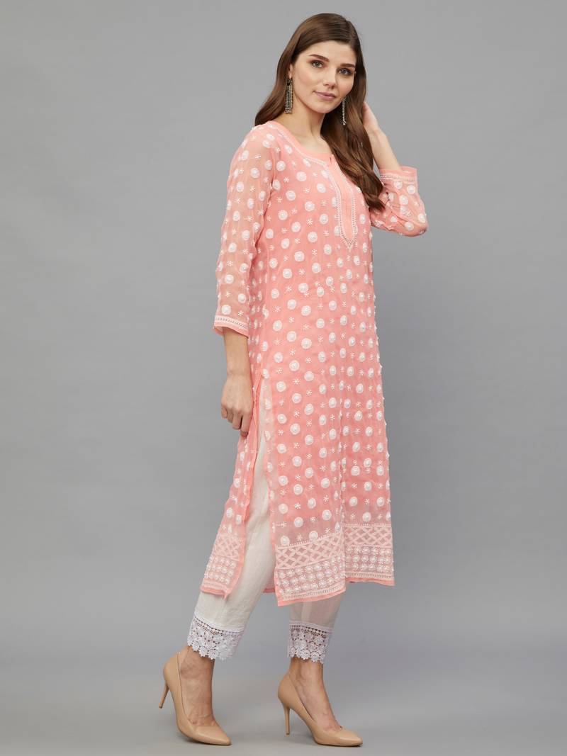 Ethnava Women's Chikankari Hand Embroidered Georgette Frontslit Kurta with Slip