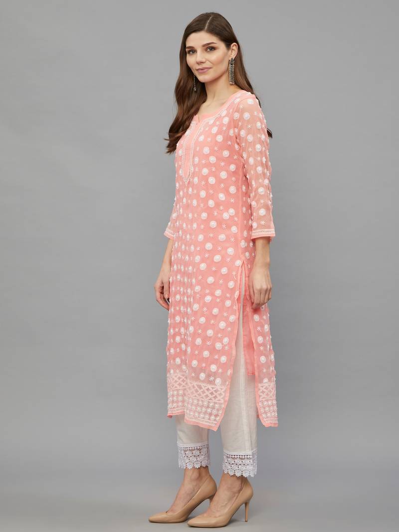 Ethnava Women's Chikankari Hand Embroidered Georgette Frontslit Kurta with Slip