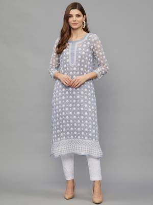 Ethnava Women's Chikankari Hand Embroidered Georgette Frontslit Kurta with Slip 1
