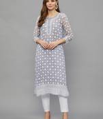 Ethnava Women's Chikankari Hand Embroidered Georgette Frontslit Kurta with Slip