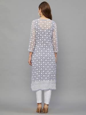Ethnava Women's Chikankari Hand Embroidered Georgette Frontslit Kurta with Slip 2