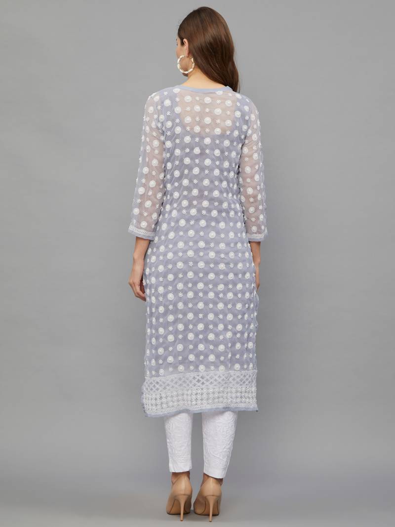 Ethnava Women's Chikankari Hand Embroidered Georgette Frontslit Kurta with Slip