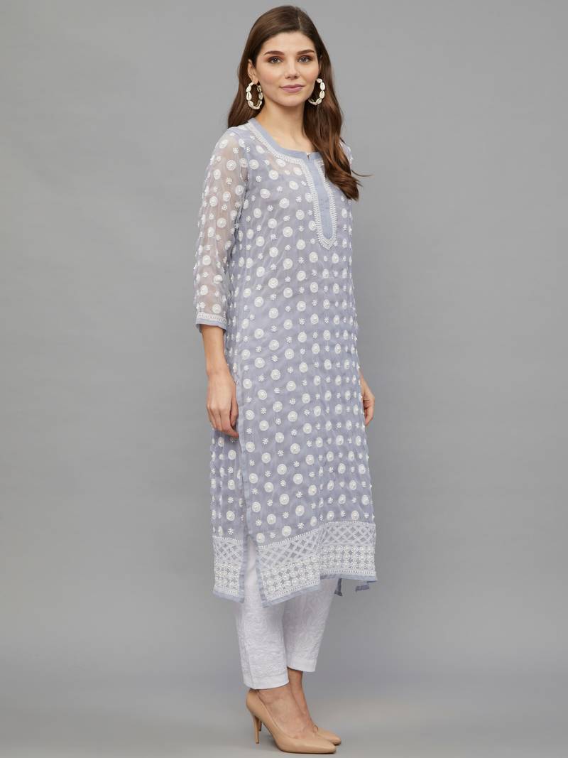 Ethnava Women's Chikankari Hand Embroidered Georgette Frontslit Kurta with Slip