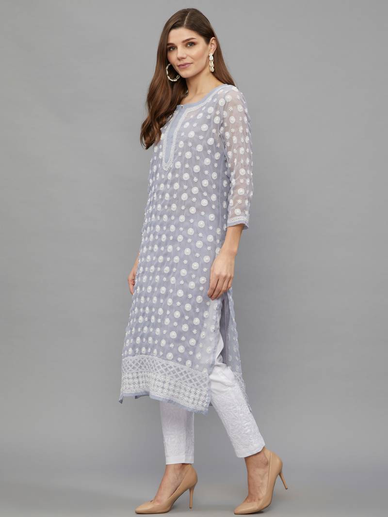 Ethnava Women's Chikankari Hand Embroidered Georgette Frontslit Kurta with Slip