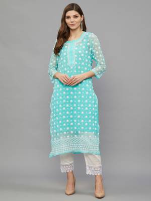Ethnava Women's Chikankari Hand Embroidered Georgette Frontslit Kurta with Slip 1