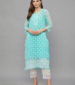 Ethnava Women's Chikankari Hand Embroidered Georgette Frontslit Kurta with Slip