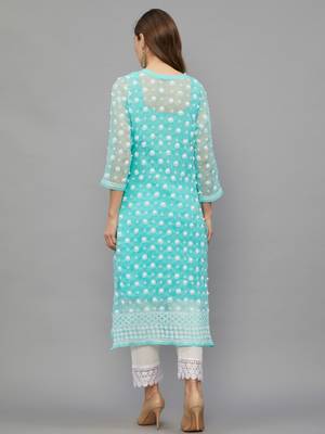 Ethnava Women's Chikankari Hand Embroidered Georgette Frontslit Kurta with Slip 2