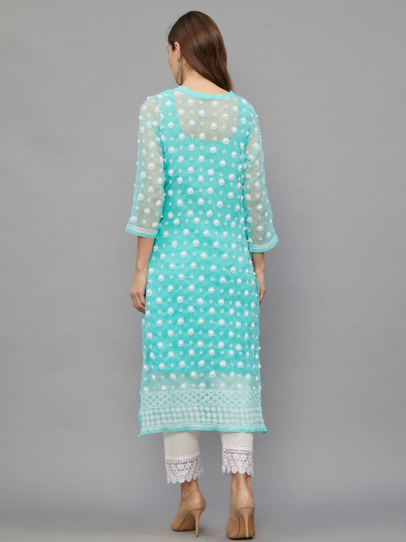 Ethnava Women's Chikankari Hand Embroidered Georgette Frontslit Kurta with Slip