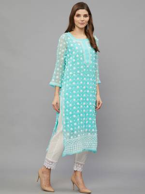 Ethnava Women's Chikankari Hand Embroidered Georgette Frontslit Kurta with Slip 3