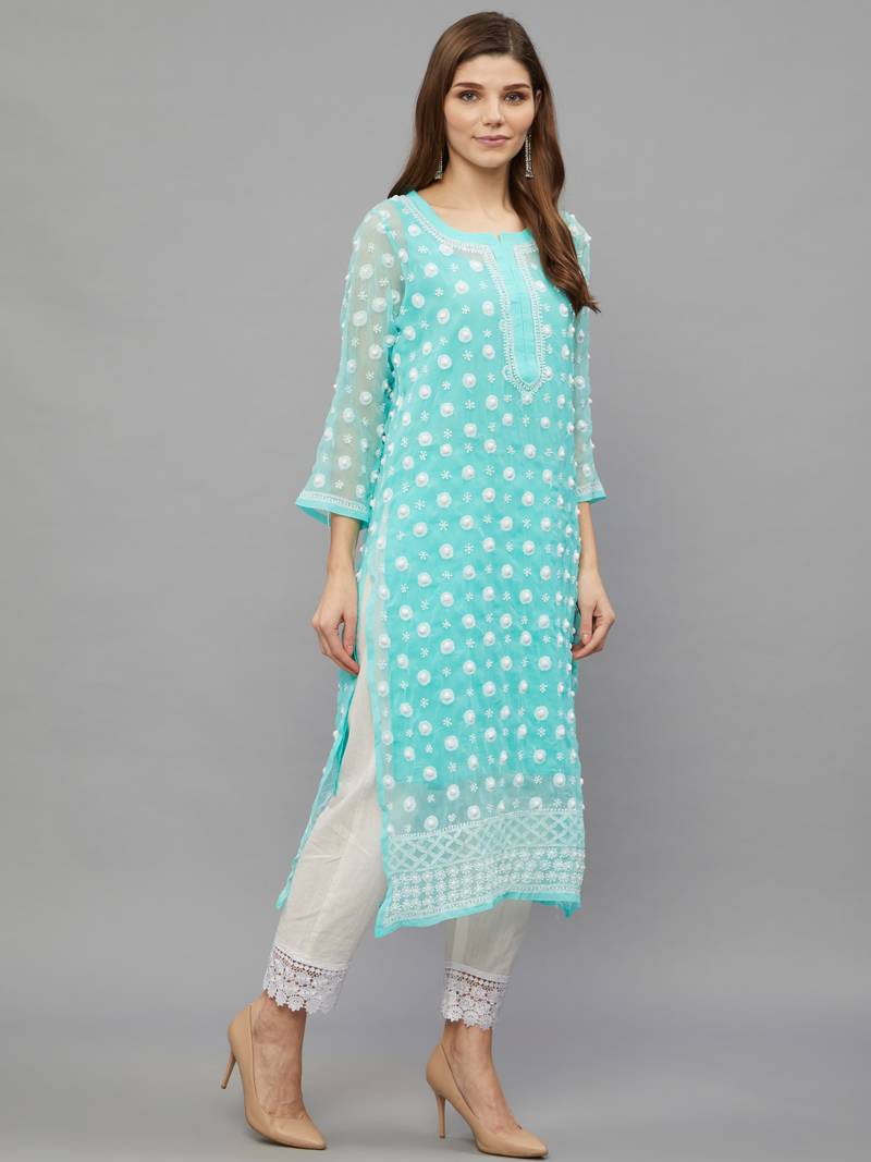 Ethnava Women's Chikankari Hand Embroidered Georgette Frontslit Kurta with Slip