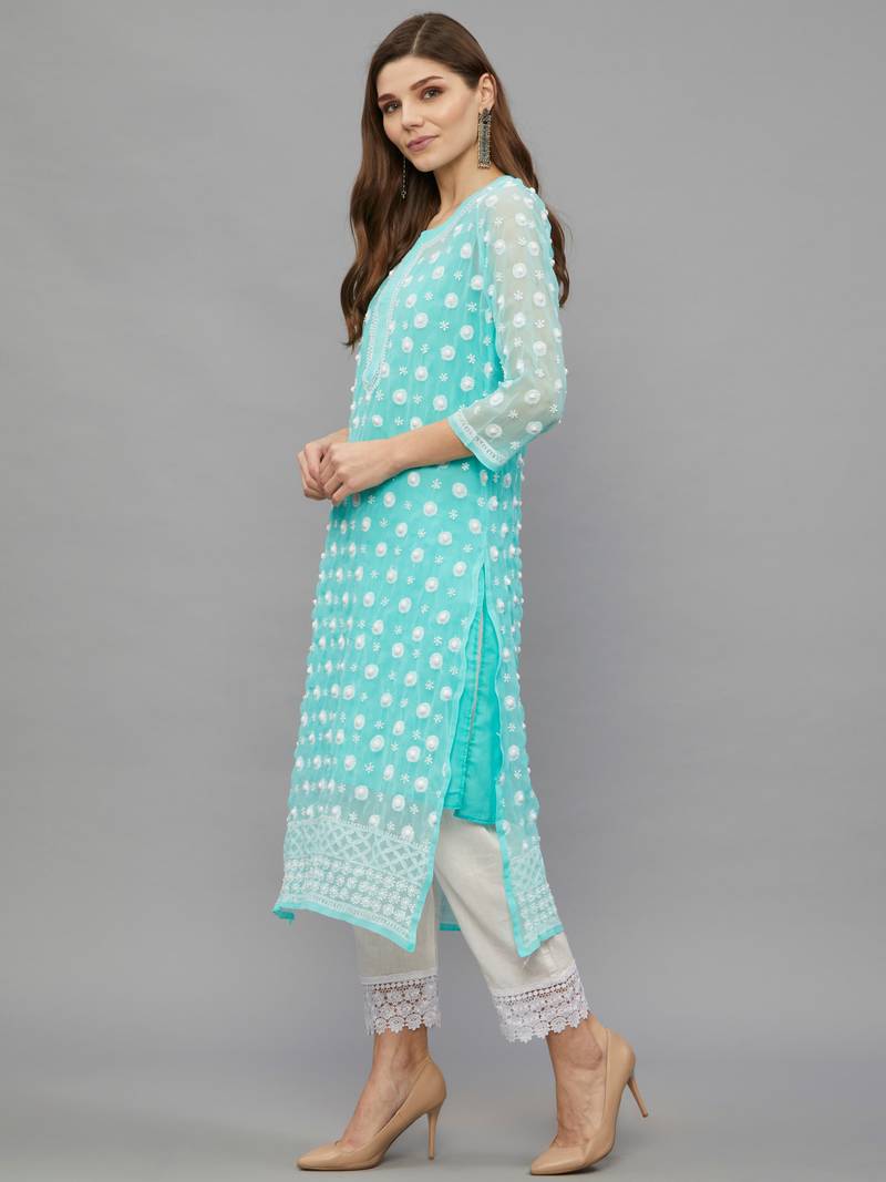 Ethnava Women's Chikankari Hand Embroidered Georgette Frontslit Kurta with Slip