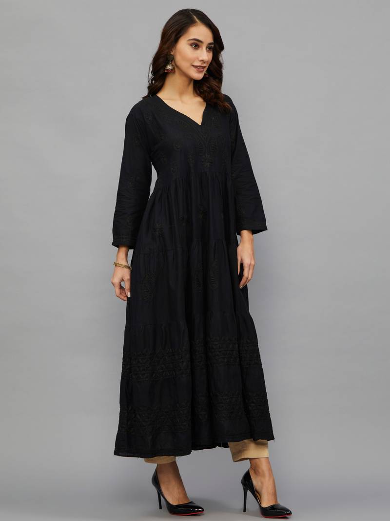 Ethnava Women's Lucknowi Chikankari Hand Embroidered Cotton Anarkali Kurta