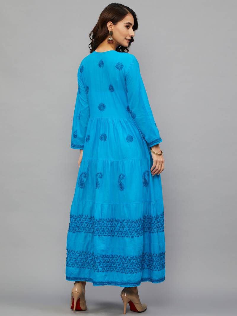 Ethnava Women's Lucknowi Chikankari Hand Embroidered Cotton Anarkali Kurta