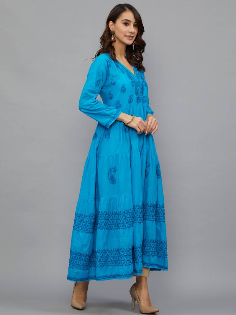 Ethnava Women's Lucknowi Chikankari Hand Embroidered Cotton Anarkali Kurta