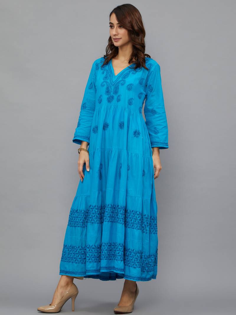 Ethnava Women's Lucknowi Chikankari Hand Embroidered Cotton Anarkali Kurta