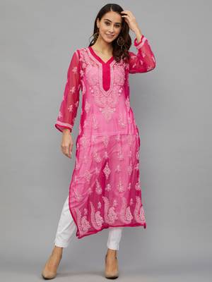 Ethnava Women's Chikankari Hand Embroidered Georgette Straight Kurta with Slip 1