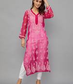 Ethnava Women's Chikankari Hand Embroidered Georgette Straight Kurta with Slip