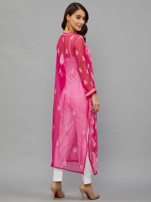 Ethnava Women's Chikankari Hand Embroidered Georgette Straight Kurta with Slip 2