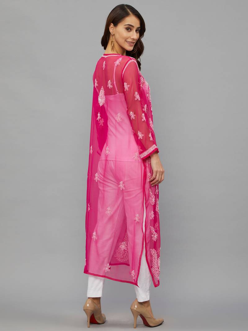 Ethnava Women's Chikankari Hand Embroidered Georgette Straight Kurta with Slip