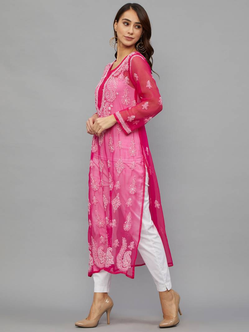 Ethnava Women's Chikankari Hand Embroidered Georgette Straight Kurta with Slip