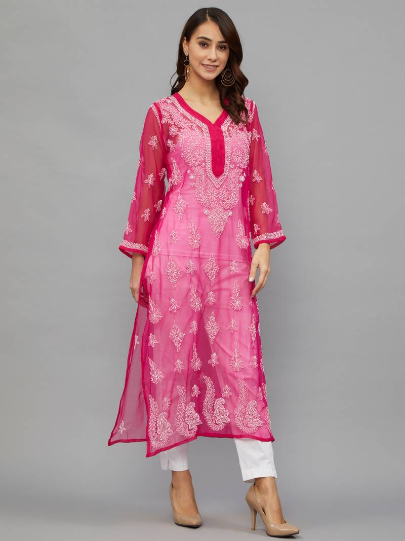 Ethnava Women's Chikankari Hand Embroidered Georgette Straight Kurta with Slip