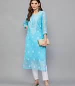 Ethnava Sky Blue Georgette Lucknowi Chikankari Womens Kurta With Slip