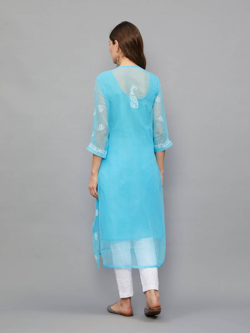 Ethnava Sky Blue Georgette Lucknowi Chikankari Womens Kurta With Slip