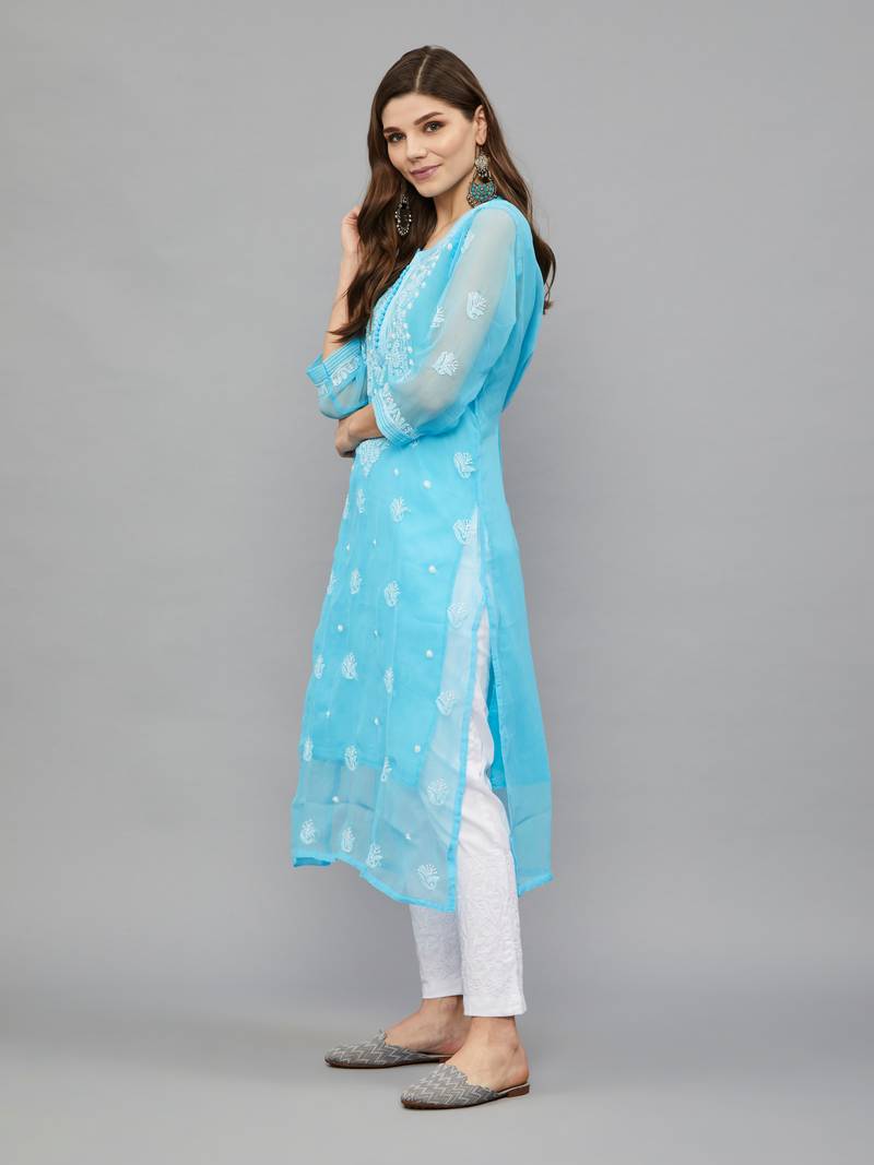 Ethnava Sky Blue Georgette Lucknowi Chikankari Womens Kurta With Slip