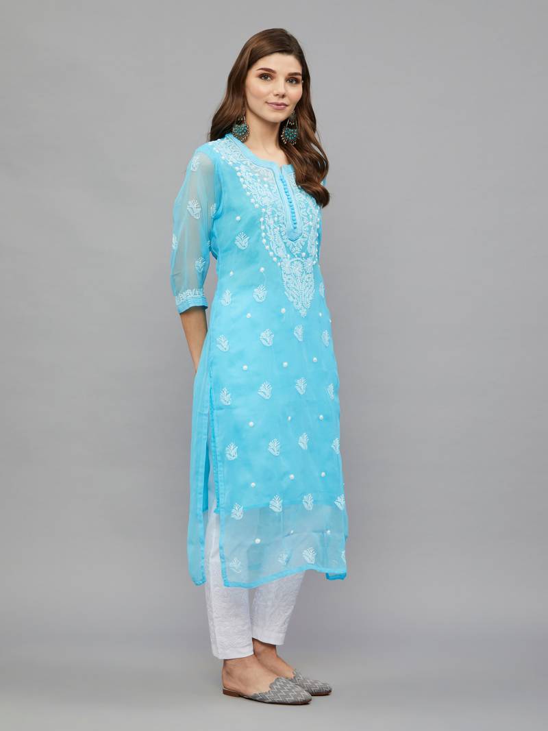 Ethnava Sky Blue Georgette Lucknowi Chikankari Womens Kurta With Slip
