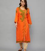 Ethnava Women's Chikankari Hand Embroidered Rayon Slub Frontslit Kurta