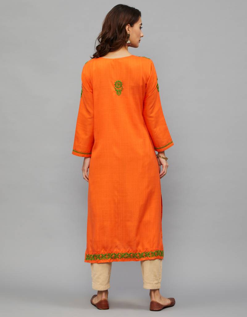 Ethnava Women's Chikankari Hand Embroidered Rayon Slub Frontslit Kurta