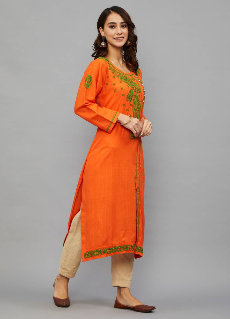 Ethnava Women's Chikankari Hand Embroidered Rayon Slub Frontslit Kurta