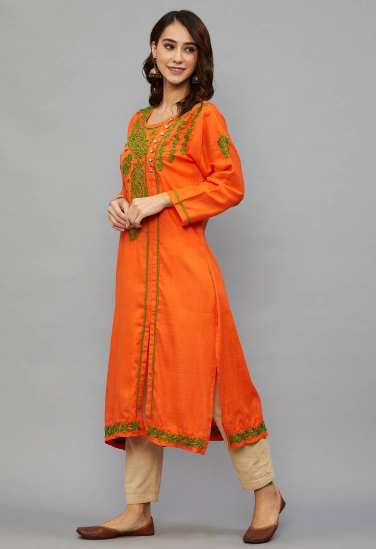 Ethnava Women's Chikankari Hand Embroidered Rayon Slub Frontslit Kurta