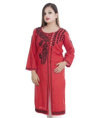 Ethnava Women's Chikankari Hand Embroidered Rayon Slub Frontslit Kurta 1