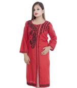 Ethnava Women's Chikankari Hand Embroidered Rayon Slub Frontslit Kurta