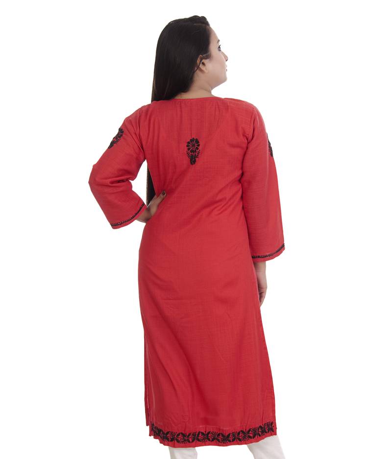 Ethnava Women's Chikankari Hand Embroidered Rayon Slub Frontslit Kurta