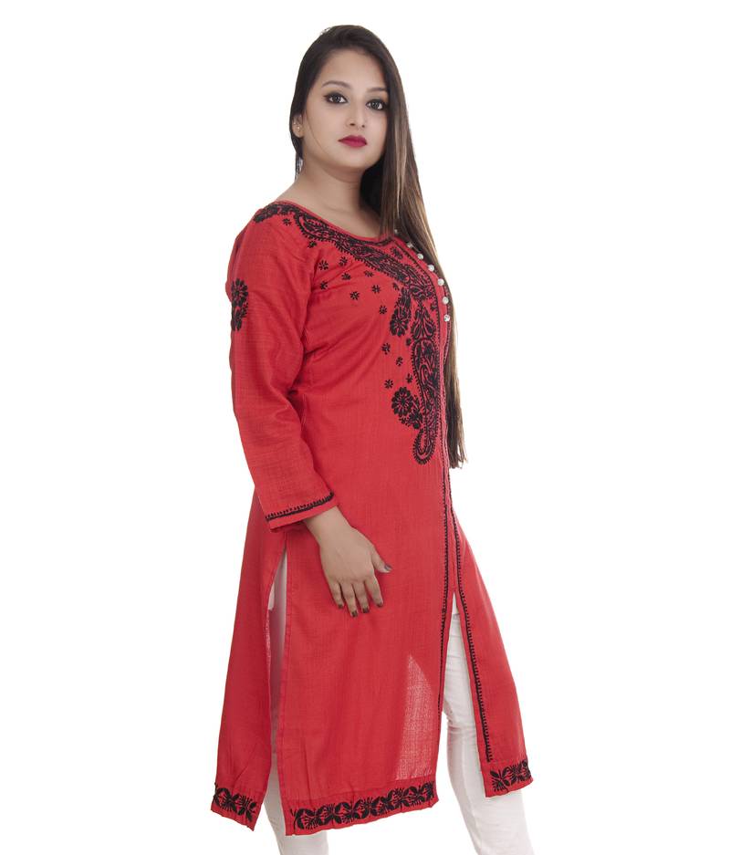 Ethnava Women's Chikankari Hand Embroidered Rayon Slub Frontslit Kurta