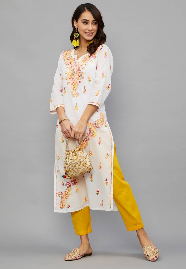 Ethnava Women's Chikankari Hand Embroidered Cotton Straight Kurta