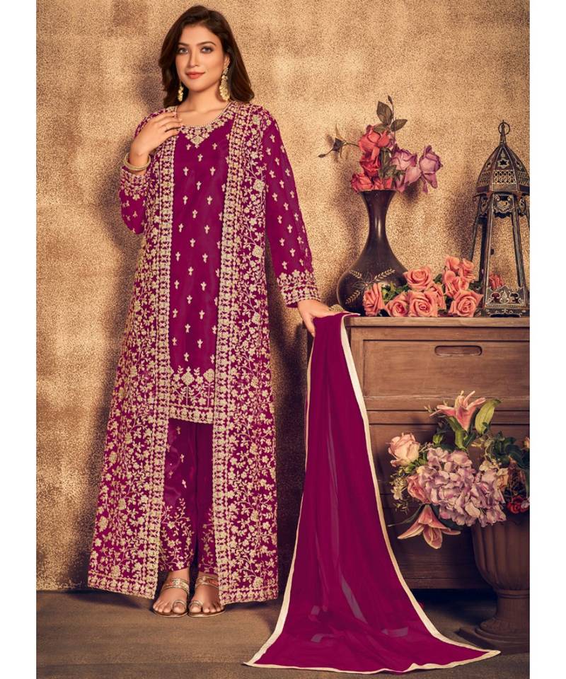 Rani Pink Traditional Embroidered Jacket Style Pant Suit